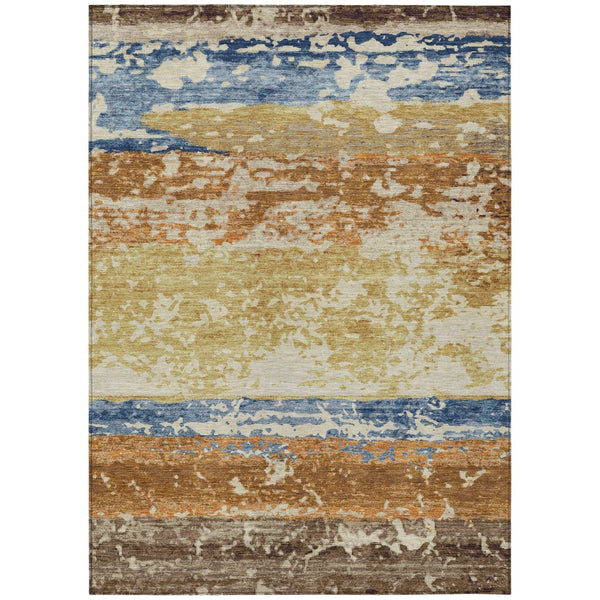 HomeRoots 8' X 10' Washable Striped Area Rug in Gold, Blue & Rust - Durable for Indoor & Outdoor Spaces! 690444