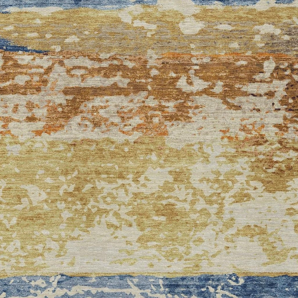 HomeRoots 9' X 12' Washable Striped Area Rug in Gold, Blue & Rust – Durable, Stylish for Indoor/Outdoor Use! 690445