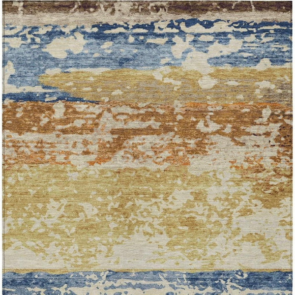 HomeRoots 10' Gold Blue and Rust Striped Washable Area Rug – Durable Indoor/Outdoor Style for High Traffic Areas 690446