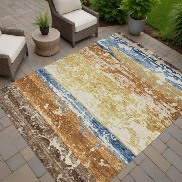HomeRoots 10' Gold Blue and Rust Striped Washable Area Rug – Durable Indoor/Outdoor Style for High Traffic Areas 690446