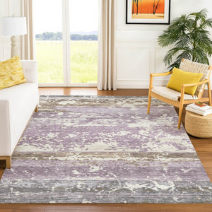 HomeRoots 5' X 8' Striped Lavender Ivory Beige Area Rug - Durable, Washable, Indoor/Outdoor Versatile Decor 690448