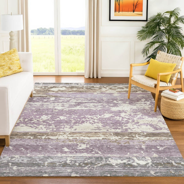 HomeRoots 5' X 8' Striped Lavender Ivory Beige Area Rug - Durable, Washable, Indoor/Outdoor Versatile Decor 690448