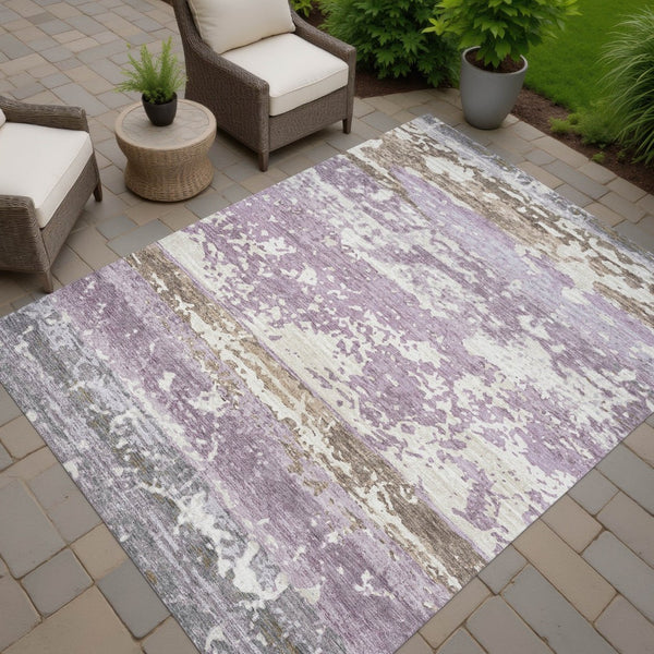 HomeRoots 5' X 8' Striped Lavender Ivory Beige Area Rug - Durable, Washable, Indoor/Outdoor Versatile Decor 690448