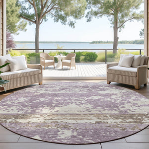HomeRoots 8' Round Striped Area Rug - Soft Lavender, Ivory & Beige, Washable for Indoor/Outdoor Spaces, Durable 690449