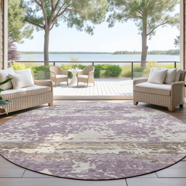 HomeRoots 8' Round Striped Area Rug - Soft Lavender, Ivory & Beige, Washable for Indoor/Outdoor Spaces, Durable 690449