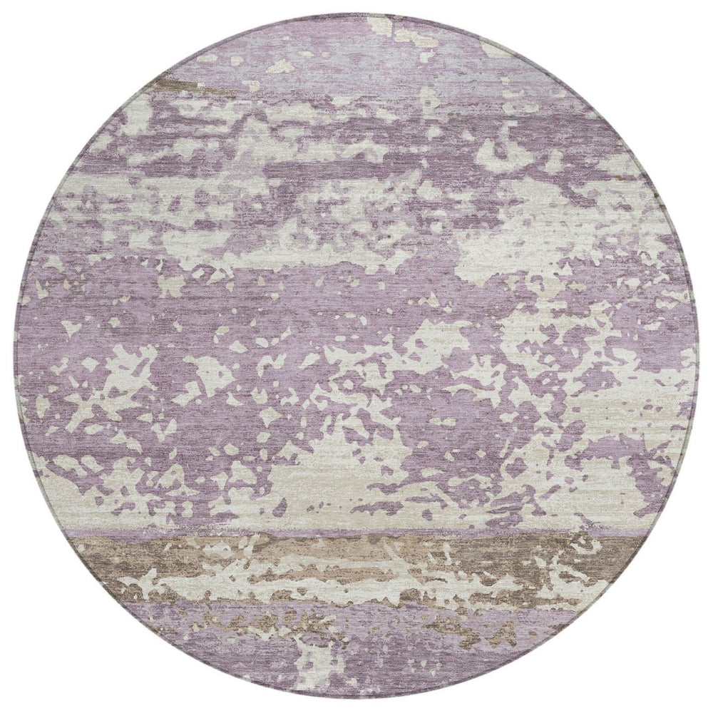 HomeRoots 8' Round Striped Area Rug - Soft Lavender, Ivory & Beige, Washable for Indoor/Outdoor Spaces, Durable 690449