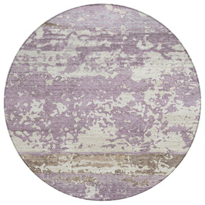 HomeRoots 8' Round Striped Area Rug - Soft Lavender, Ivory & Beige, Washable for Indoor/Outdoor Spaces, Durable 690449