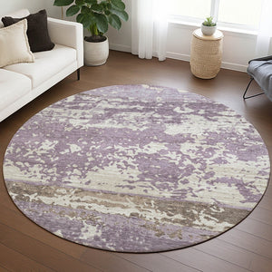HomeRoots 8' Round Striped Area Rug - Soft Lavender, Ivory & Beige, Washable for Indoor/Outdoor Spaces, Durable 690449