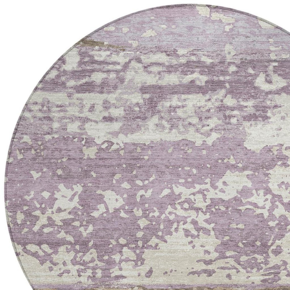 HomeRoots 8' Round Striped Area Rug - Soft Lavender, Ivory & Beige, Washable for Indoor/Outdoor Spaces, Durable 690449