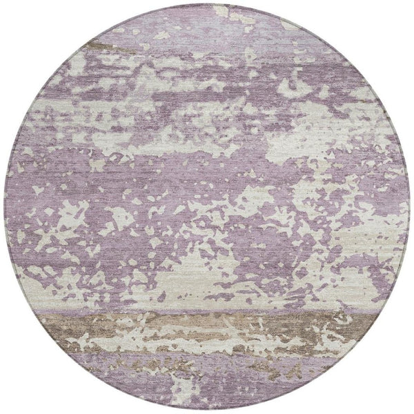 HomeRoots 8' Round Striped Area Rug - Soft Lavender, Ivory & Beige, Washable for Indoor/Outdoor Spaces, Durable 690449