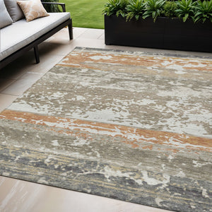 HomeRoots 5' Stylish Taupe Copper Ivory Striped Washable Area Rug for Indoor Outdoor Spaces - Durable & Versatile 690454