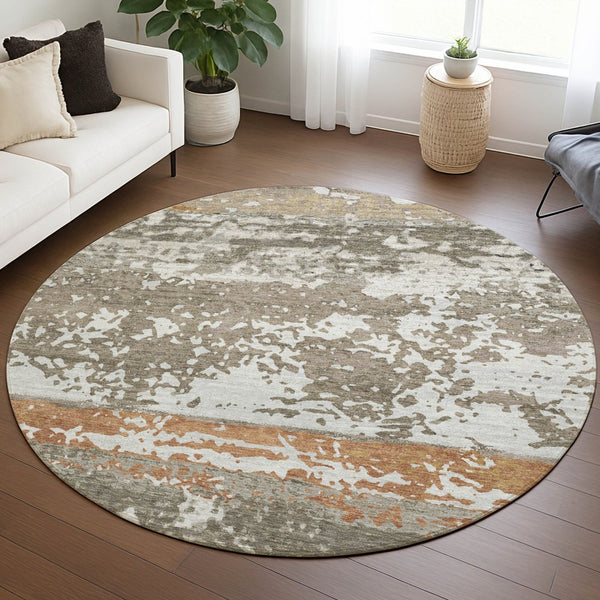 HomeRoots 8' Taupe Copper Ivory Round Indoor Outdoor Area Rug – Durable, Washable, Stylish for Any Space 690455