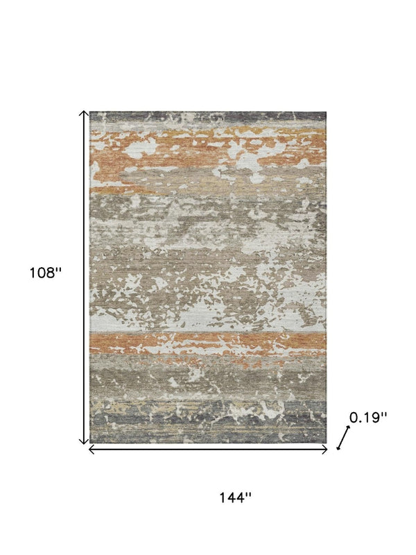 HomeRoots 9' X 12' Durable Taupe Copper Ivory Striped Washable Area Rug for Indoor Outdoor Spaces 690457