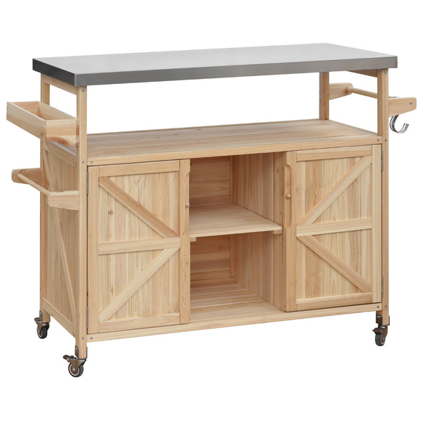 English Elm K&K Outdoor Kitchen Island Rolling Bar Cart with 1.2" Stainless Steel Top, Ample Storage, Wheels and Spice Rack Natural WF532198AAY