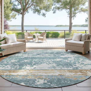 HomeRoots 8' Teal Blue Striped Area Rug - Washable Indoor/Outdoor Round Design for Cozy, Stylish Spaces 690461