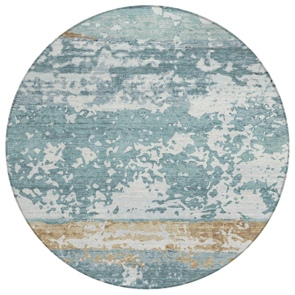 HomeRoots 8' Teal Blue Striped Area Rug - Washable Indoor/Outdoor Round Design for Cozy, Stylish Spaces 690461