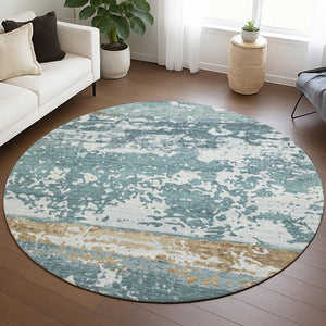 HomeRoots 8' Teal Blue Striped Area Rug - Washable Indoor/Outdoor Round Design for Cozy, Stylish Spaces 690461