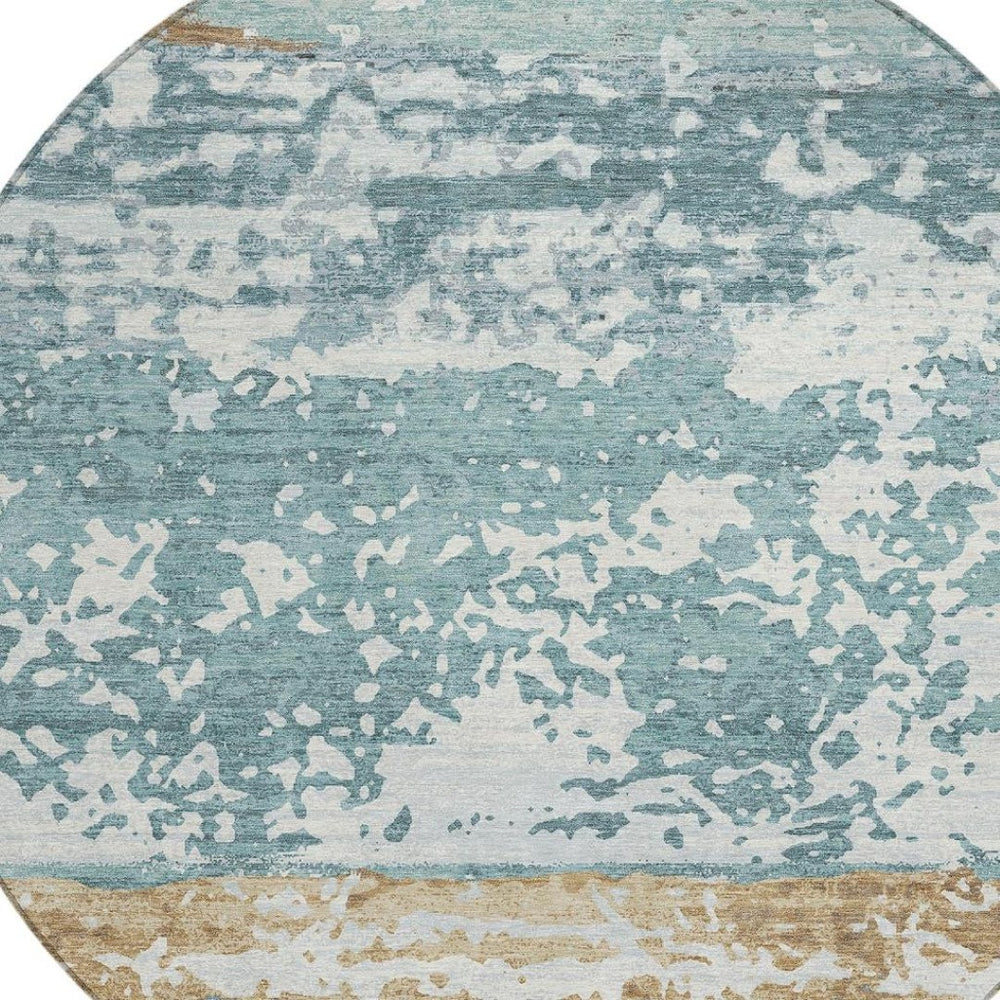 HomeRoots 8' Teal Blue Striped Area Rug - Washable Indoor/Outdoor Round Design for Cozy, Stylish Spaces 690461