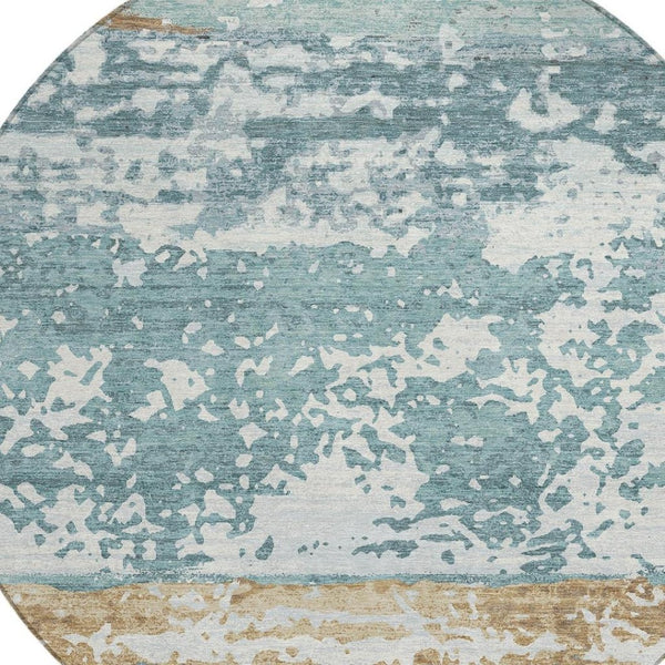 HomeRoots 8' Teal Blue Striped Area Rug - Washable Indoor/Outdoor Round Design for Cozy, Stylish Spaces 690461