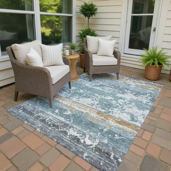 HomeRoots 9' X 12' Stylish Teal Blue, Ivory & Khaki Striped Washable Indoor/Outdoor Area Rug for Versatile Use 690463