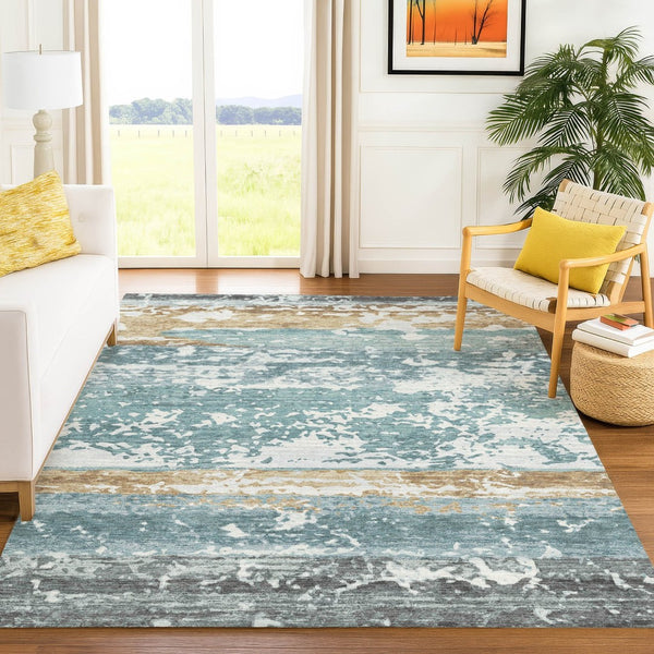 HomeRoots 9' X 12' Stylish Teal Blue, Ivory & Khaki Striped Washable Indoor/Outdoor Area Rug for Versatile Use 690463