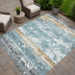 HomeRoots 9' X 12' Stylish Teal Blue, Ivory & Khaki Striped Washable Indoor/Outdoor Area Rug for Versatile Use 690463