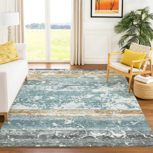 HomeRoots 10' Coastal-Inspired Teal Blue, Ivory & Khaki Striped Washable Area Rug for Indoor & Outdoor Use 690464
