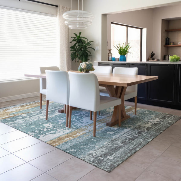 HomeRoots 10' Coastal-Inspired Teal Blue, Ivory & Khaki Striped Washable Area Rug for Indoor & Outdoor Use 690464