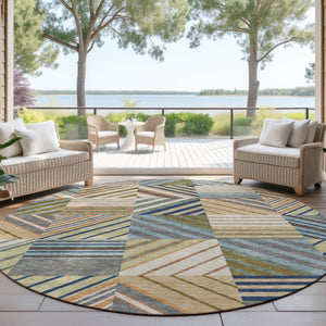 HomeRoots 8' Round Patchwork Area Rug in Beige, Brown & Blue – Stylish, Washable for Indoor & Outdoor Use! 690467