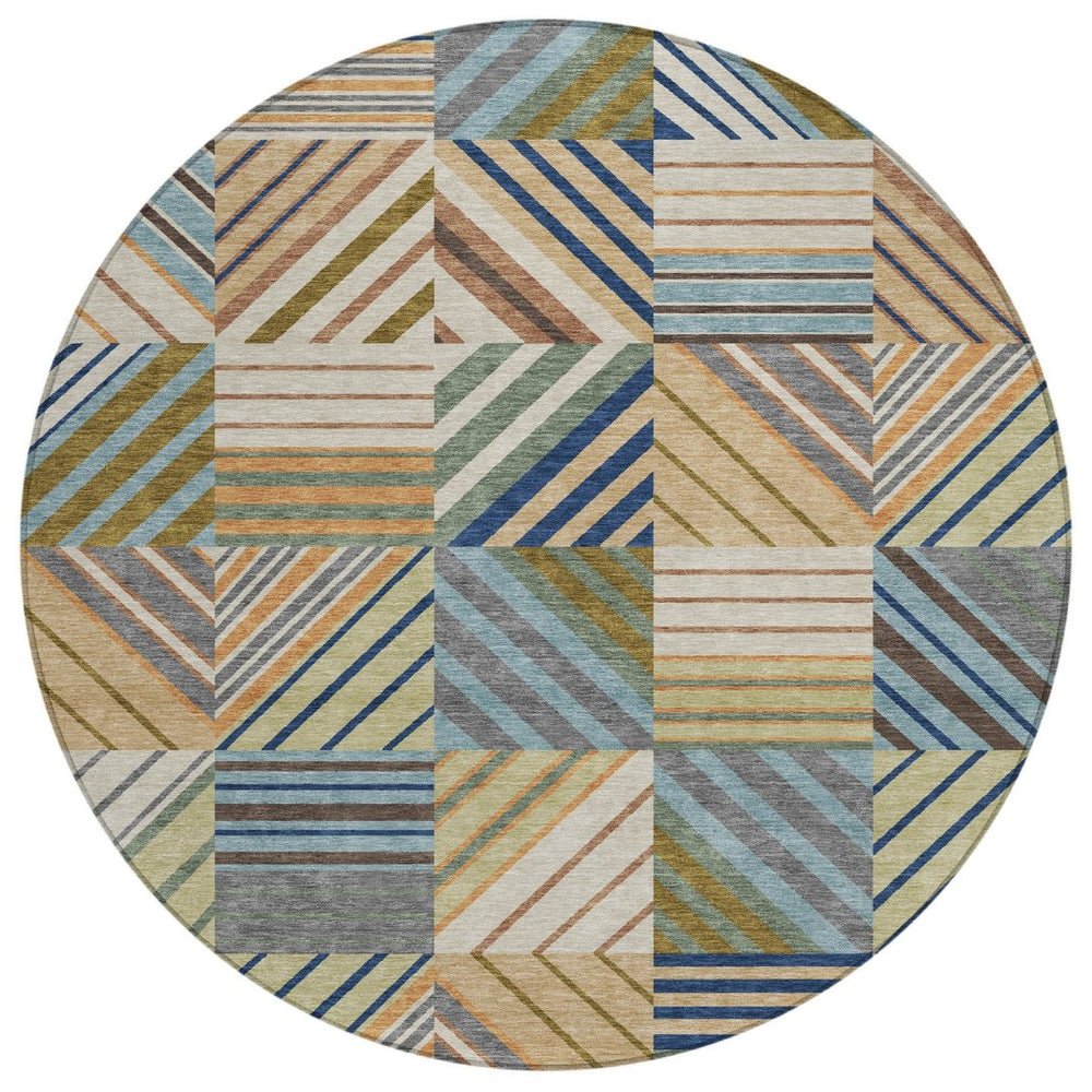 HomeRoots 8' Round Patchwork Area Rug in Beige, Brown & Blue – Stylish, Washable for Indoor & Outdoor Use! 690467