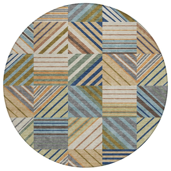 HomeRoots 8' Round Patchwork Area Rug in Beige, Brown & Blue – Stylish, Washable for Indoor & Outdoor Use! 690467