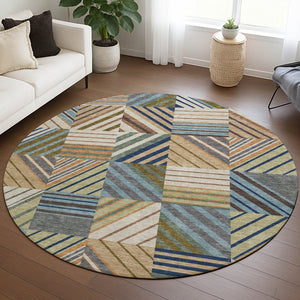 HomeRoots 8' Round Patchwork Area Rug in Beige, Brown & Blue – Stylish, Washable for Indoor & Outdoor Use! 690467