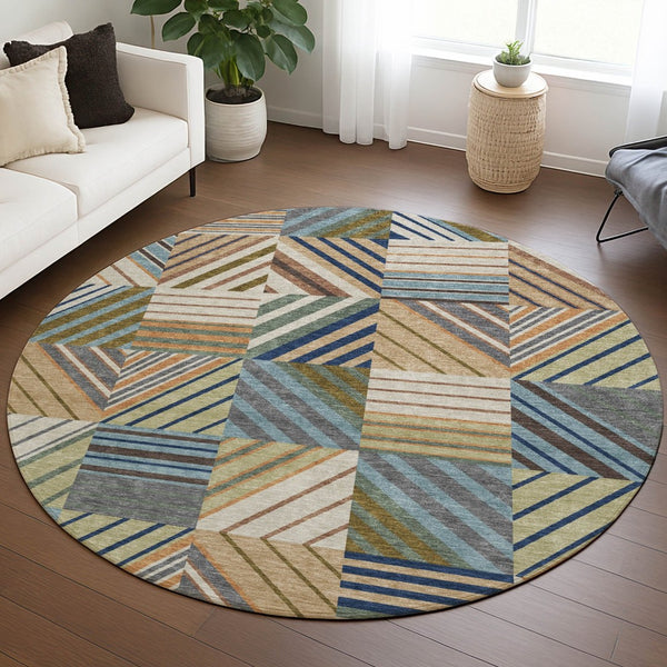 HomeRoots 8' Round Patchwork Area Rug in Beige, Brown & Blue – Stylish, Washable for Indoor & Outdoor Use! 690467