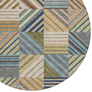 HomeRoots 8' Round Patchwork Area Rug in Beige, Brown & Blue – Stylish, Washable for Indoor & Outdoor Use! 690467
