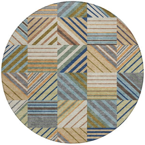 HomeRoots 8' Round Patchwork Area Rug in Beige, Brown & Blue – Stylish, Washable for Indoor & Outdoor Use! 690467