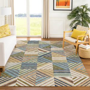HomeRoots 8' X 10' Washable Patchwork Area Rug in Beige, Brown, and Blue - Perfect for Indoor & Outdoor Use 690468