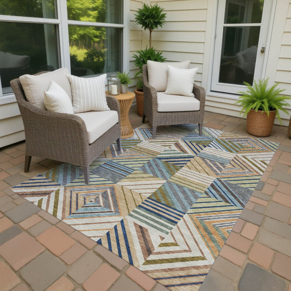 HomeRoots 9' X 12' Stylish Beige, Brown & Blue Patchwork Rug - Washable, Durable for Indoor/Outdoor Spaces! 690469