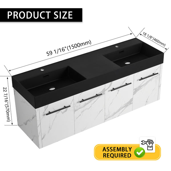 English Elm 60 Inch Wall-Mounted Bathroom Vanity With Double Black Resin Sink – Modern, Durable & Stylish Design W999S00255