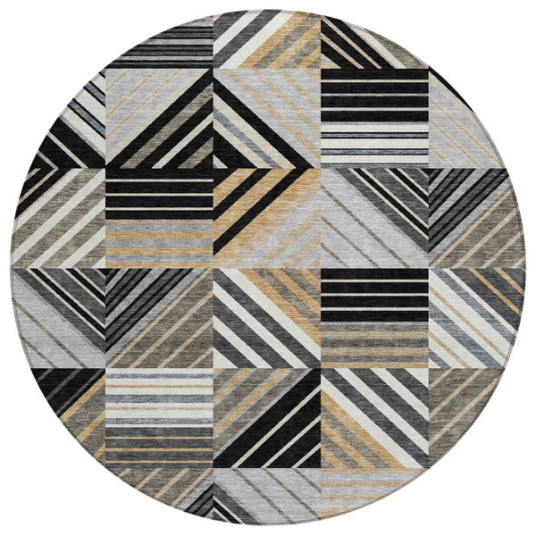 HomeRoots 8' Round Patchwork Indoor Outdoor Rug in Black, Gray & Khaki - Stylish, Washable & Durable Design 690473