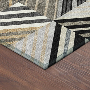 HomeRoots 8' Round Patchwork Indoor Outdoor Rug in Black, Gray & Khaki - Stylish, Washable & Durable Design 690473