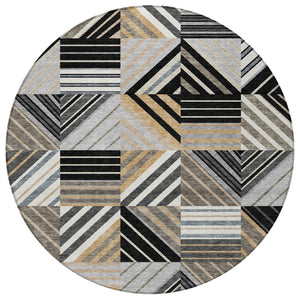 HomeRoots 8' Round Patchwork Indoor Outdoor Rug in Black, Gray & Khaki - Stylish, Washable & Durable Design 690473