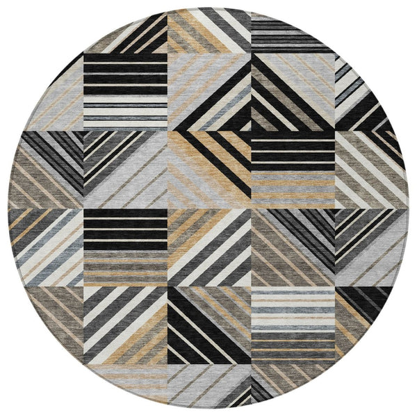 HomeRoots 8' Round Patchwork Indoor Outdoor Rug in Black, Gray & Khaki - Stylish, Washable & Durable Design 690473