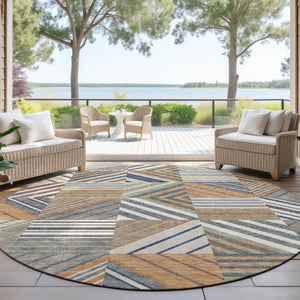 HomeRoots 8' Round Copper, Ivory & Blue Patchwork Area Rug – Washable, Durable for Indoor & Outdoor Use 690479