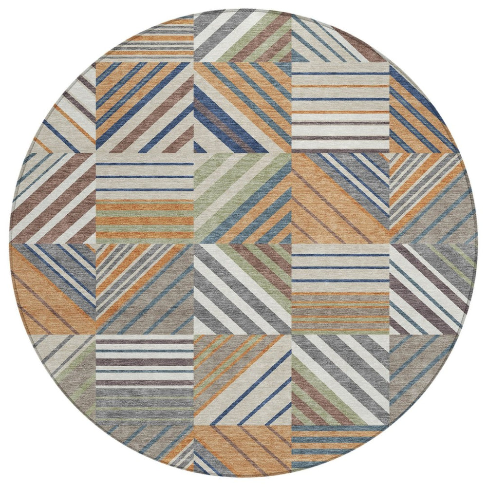 HomeRoots 8' Round Copper, Ivory & Blue Patchwork Area Rug – Washable, Durable for Indoor & Outdoor Use 690479