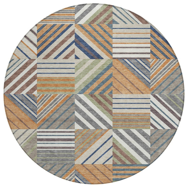 HomeRoots 8' Round Copper, Ivory & Blue Patchwork Area Rug – Washable, Durable for Indoor & Outdoor Use 690479