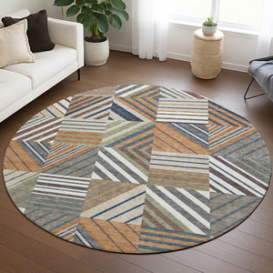 HomeRoots 8' Round Copper, Ivory & Blue Patchwork Area Rug – Washable, Durable for Indoor & Outdoor Use 690479