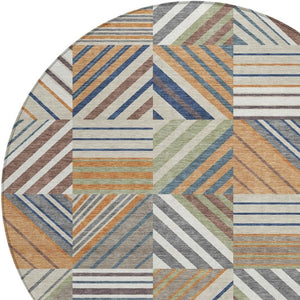 HomeRoots 8' Round Copper, Ivory & Blue Patchwork Area Rug – Washable, Durable for Indoor & Outdoor Use 690479