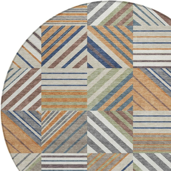 HomeRoots 8' Round Copper, Ivory & Blue Patchwork Area Rug – Washable, Durable for Indoor & Outdoor Use 690479