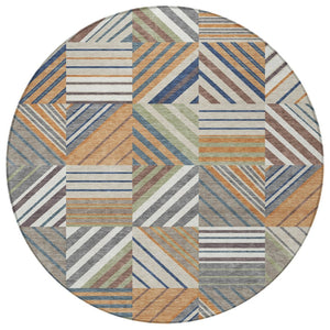 HomeRoots 8' Round Copper, Ivory & Blue Patchwork Area Rug – Washable, Durable for Indoor & Outdoor Use 690479