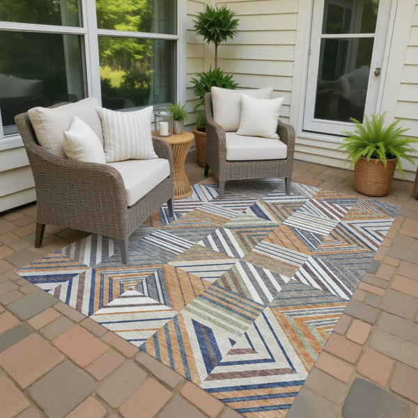 HomeRoots 8' X 10' Stylish Copper, Ivory & Blue Patchwork Indoor/Outdoor Area Rug – Machine Washable & Durable! 690480